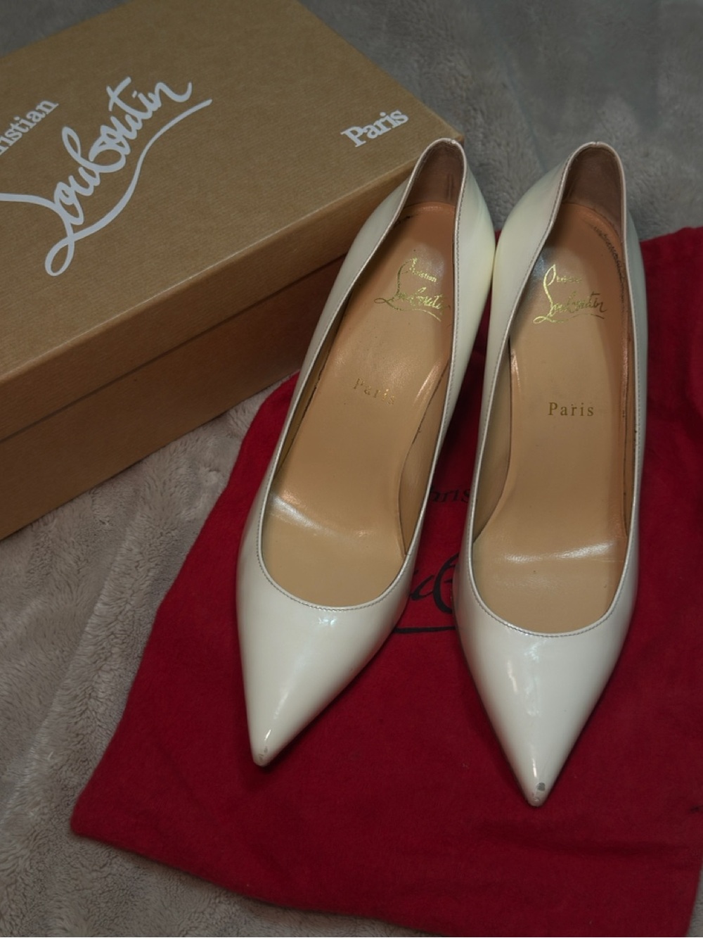 Christian Louboutin White Patent Pointed Toe Stiletto Pumps - Picture 8 of 8